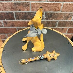Vintage hand carved coyote by Santa Fe folk artist Pete Ortega and Navajo rattle